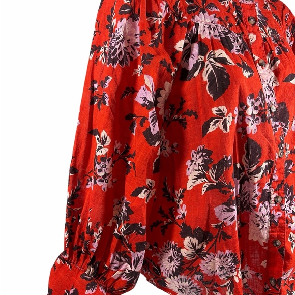 Maeve Anthropologie Top Womens Medium Red Cotton Floral Blouse Button Up - Picture 2 of 9